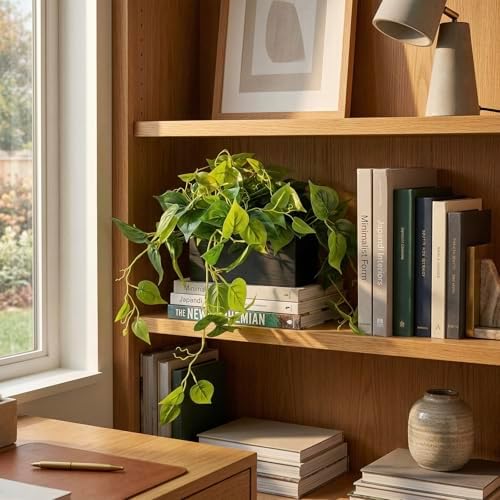 MyGift Vibrant Lifelike Artificial Plant Pothos Leafy Vine Greenery in Black Concrete Rectangular Planter Box - Image 4