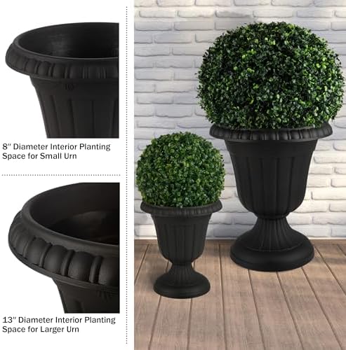 Pure Garden Outdoor Planter 2-Pack - Large and Small Urn Planters - Plastic Plant Pots for Indoor, Outdoor, or Front Porch Decor (Black) - Image 5