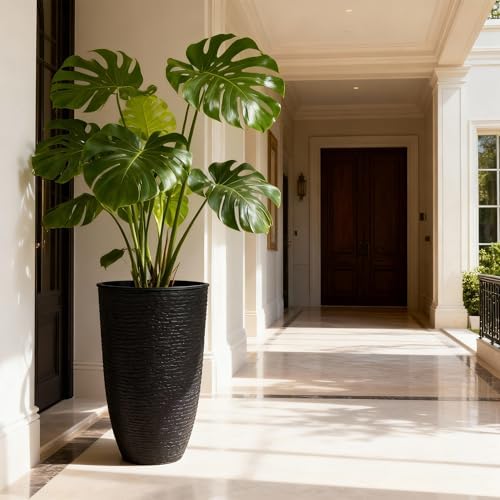 Worth Garden 2-Pack 21" H. Black Tall Planters with Inside Pots - 14'' Dia Plastic Large Round Plant Tree Pots - Decorative Imitation Stone Finish for Indoor Outdoor Front Porch Container Patio - Image 4