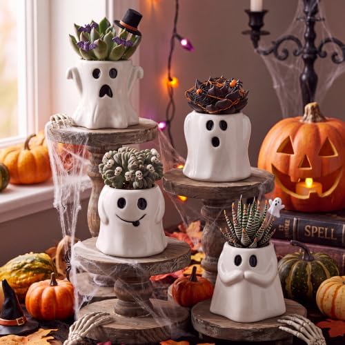 DoubleFill 4 Pcs Halloween Ceramic Ghost Planter by DoubleFill