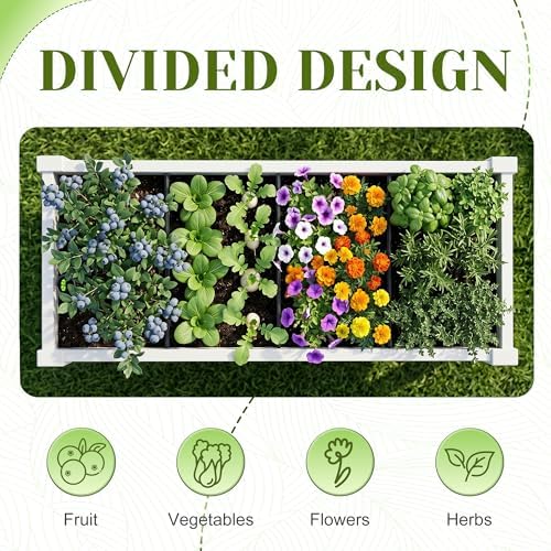 Outdoor Raised Garden Bed Elevated Planter Box Resin Plant Stand with Wheels Legs Water Gauge Drainage Patio Gardening Off-White - Image 5