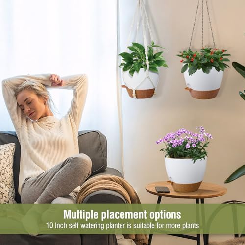 Meowell 10 inch Self Watering Hanging Planters, 2 Pack Hanging Baskets for Indoor Outdoor Plants, Hanging Flower Pots with Drainage Holes & 2 Kinds of Plant Hangers for Garden Home Décor, White Brown - Image 6