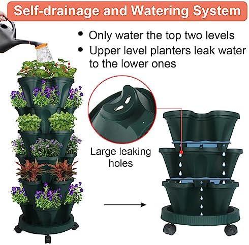 GameXcel Vertical Planter Tower - 6 Tier Stackable Garden Planters with Wheels and Tools Plant Pots for Strawberry Herb Flower and Vegetable Indoor Outdoor Use Green 2 Pack - Image 4