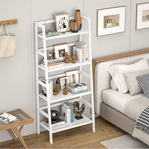 Homykic Bamboo Ladder Shelf and Bamboo Laundry Hamper Bundle, White - Image 4
