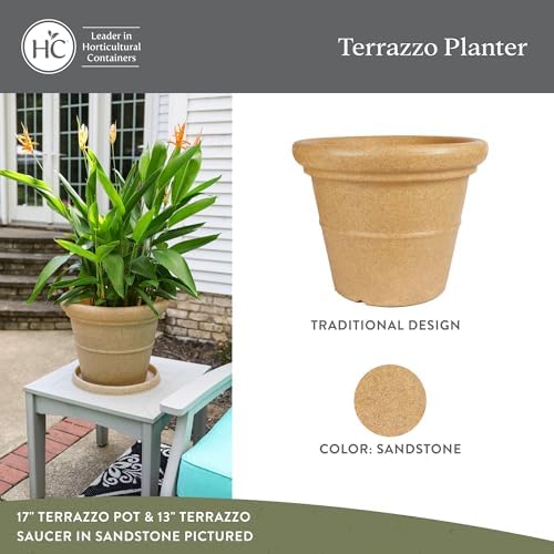 The HC Companies 42 Inch Terrazzo Extra Large Round Planter - Rolled Rim Weather Resistant Decorative Plastic Plant Pot with Drainage for Indoor Outdoor Use, Sandstone - Image 2