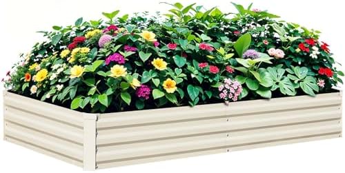 Raised Garden Bed Beige, 6x3x1ft Galvanized Raised Garden Bed Outdoor Metal for Gardening Vegetables Flower Garden Planter Box Large Raised Bed with Gloves and 3ftx30ft Weed Barrier Fabric by BUTUNITA