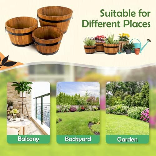 Idzo Set of 3 Wooden Flower Boxes Outdoor, Durable Acacia Wood Barrel Planters for Outdoor Plants with Ergonomic Handles, Drainage Holes, Multiple Sizes Wood Bucket Planter Light Brown - Image 6