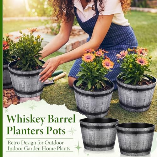 8 Pcs 8 Pcs Whiskey Barrel Planters with Drainage Holes, Silver - Image 4