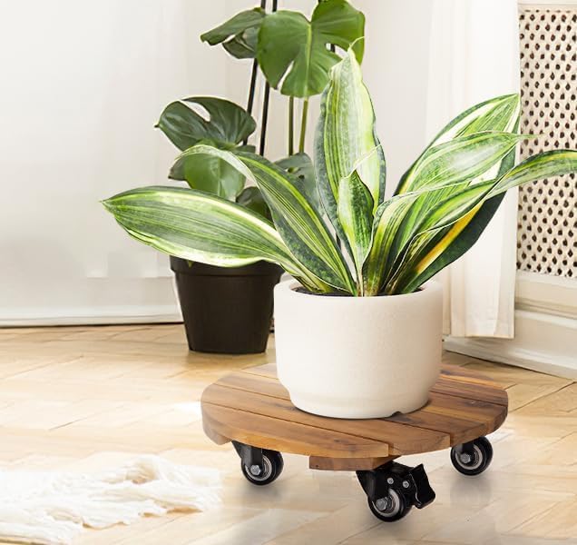 Idzo 16inches Capacity 500lbs Wood Plant Caddy With Wheels Heavy Duty, Acacia Hardwood Plant Dolly, Plant Stand with 360° Lockable Wheels for Plant Pots, Heavy Objects Hauling - Natural Wood - Image 5