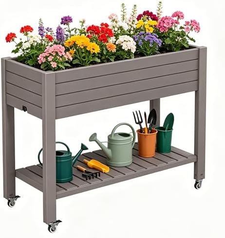 Raised Garden Bed with Shelf, Rolling Resin Planter Box, Gray by NBYSGO