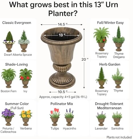 MoNiBloom 20-Inch Plastic Urn Planter Vase – Vintage Roman Flower Pot for Indoor & Outdoor Plants, Patio, Garden, Wedding Decor, Lightweight & Drainage Hole, Retro Home Porch Decor (Brass) - Image 5