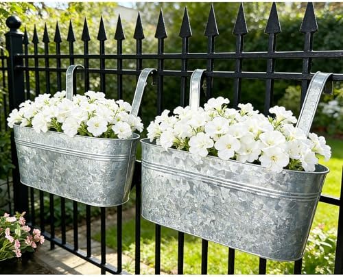 8 Pack 17" Galvanized Hanging Railing Planters with Hooks and Drainage - Image 3