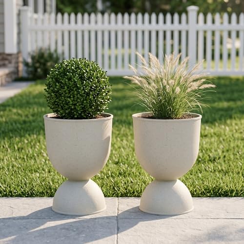 KOL Planters Flower Pots, Plastic Urn Planters for Indoor Outdoor Plants, Beige Pedestal Planter Pots 2 Pack, 15 Inch Tall Decorative Planters with Drainage Holes & Plugs for Front Porch Patio Garden by KOL