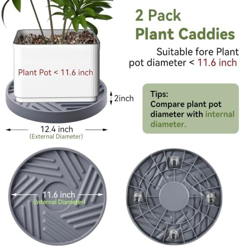 2 Pcs Plant Caddy with Hidden Wheels 12.4 Inch Heavy Duty Rolling Plant Stand, Indoor Outdoor Plant Saucer Tray with $9.9 Garden Tools (Gray) - Image 2