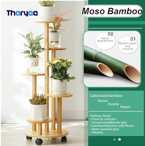 5 Tier Plant Stand Indoor Wood Shelf Corner Rack with Wheels, Wood Color - Image 4