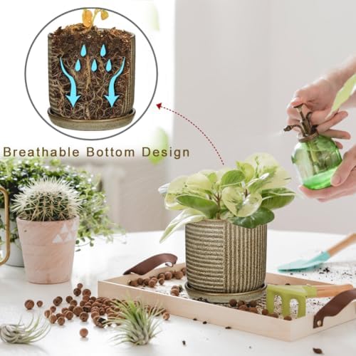 Oairse Ceramic Pots for Indoor Plants, 6.1 +4.9 inch Pots for Plants Set of 2 Brown Plant Pots with Drainage Holes and Saucers Texture Ceramic Planters Indoor Outdoor Flower Pot for Succulent - Image 4