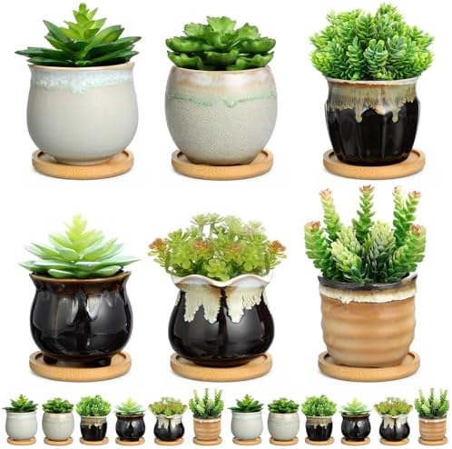 Remerry 12 Pcs Ceramic Succulent Pots with Drainage 3.5 Inch Bamboo Tray - Image 2