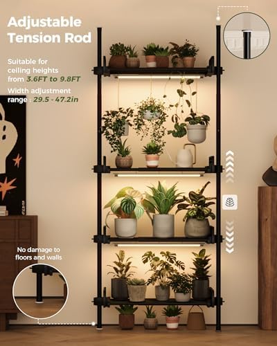 Bamworld Tension Rod Plant Stand with Grow Lights Adjustable Hanging Shelf - Image 3