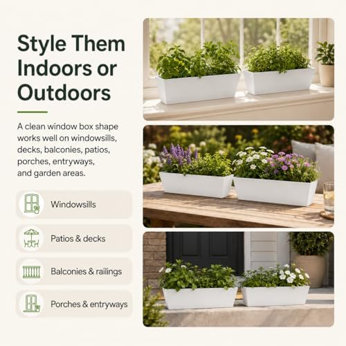 Algreen Acerra Window Box Planters, 2 Pack Indoor/Outdoor Rectangular Plant Pots with Drainage Plug, White - Image 4
