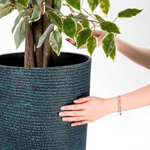 QCQHDU Set of 2 Large Tall Blue Planters with Saucer - 9 Gallon 12" Diameter x 21" H Faux Stone Round Pots for Indoor Plants, Outdoor Patio & Porch Decor, Heavy Duty Weatherproof Plant Containers - Image 6
