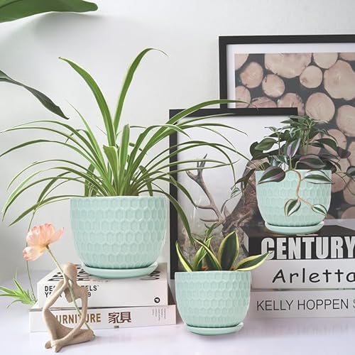 Ceramic Flower Pots with Drainage Hole and Saucer, Modern Round Succulent Planters with Honeycomb Inspired Texture Design, Small to Medium Sized, Set of 3, Green - Image 3
