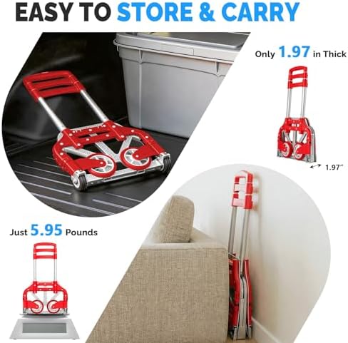 FCH Folding Hand Truck, Aluminum Portable Folding Hand Cart,155lbs Capacity Hand Cart and Dolly Ideal for Home, Auto, Office,Travel Use, Red - Image 3