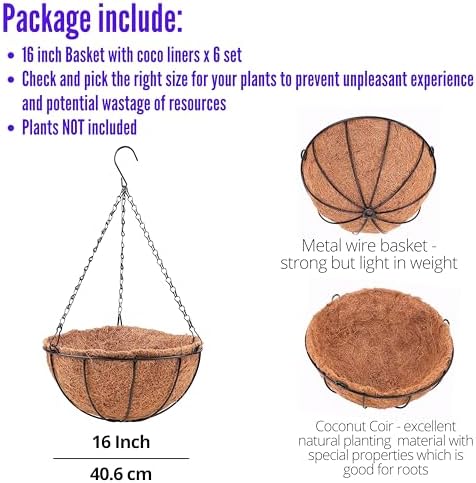 LaLaGreen Large Hanging Baskets (16 in, 6 Pack) Black Metal Coco Liner Pots - Image 2