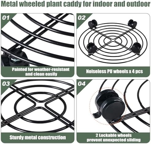 8 Packs Large Metal Plant Caddy with Wheels 13" Rolling Plant Stands Heavy-Duty Wrought Iron Plant Roller Base Pot Movers Plant Saucer on Wheels Black - Image 2