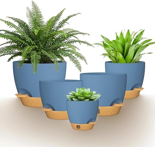 12/10/9/8/6 Inch Self Watering Pots for Indoor Outdoor Plants, Set of 5 Large Plastic Planters with Visual Water Window, Drainage Holes & Watering Lip, Modern Decorative Flower Pots (Blue) by FIASON
