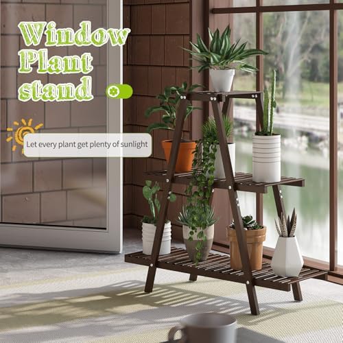 BMOSU Plant Stand Bamboo for Indoor Outdoor Tiered Plant Shelf 8 Potted Flower Holder Ladder Rack Garden Balcony Living Room Patio(3 Tier Brown) - Image 4