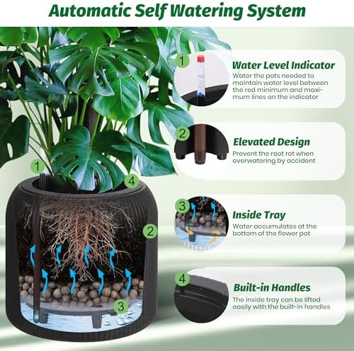 Hipicute 14 Inch Tall Self Watering Pots Set of 2 with Water Level Monitor, Tall Planters for Indoor and Outdoor Plants, Flower Pots for Living Room, Bedroom, Office, Patio, Porch, Garden, Black - Image 5