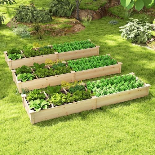GIANTEX Wooden Raised Garden Bed with 2 Planter Boxes & Dividers, 90"x25"x10" Raised Bed for Flowers Vegetables Fruits Herbs Gardening Planting, Outdoor Garden Box for Patio Backyard Lawn (1) - Image 3