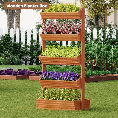 Wooden Raised Garden Bed Vertical Planter Box, Freestanding Plant Stand for Indoor Outdoor Plants, Herbs, Flowers, Vegetables, Gardening (Reddish Brown, 5-Tier，29.9 x 17.9 x 68in) - Image 4