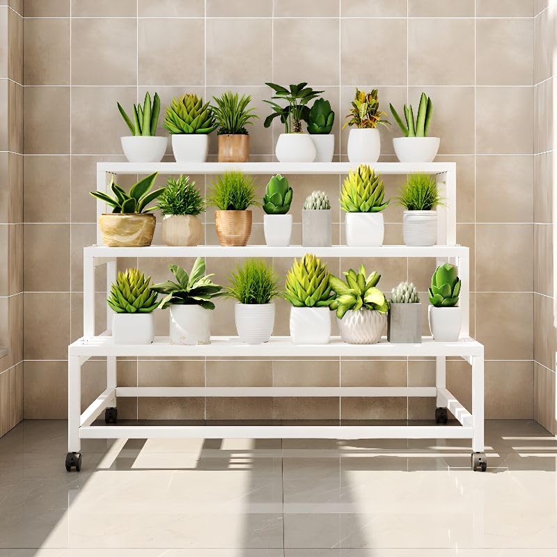 LAKIQ 3-Tiered Metal Plant Stand with Wheels Rolling Rectangle Plant Display Shelf Rack Indoor Outdoor Movable Flower Stand Shelf for Balcony Patio Garden (Black, 47.2" L x 24" W x 30" H) - Image 7