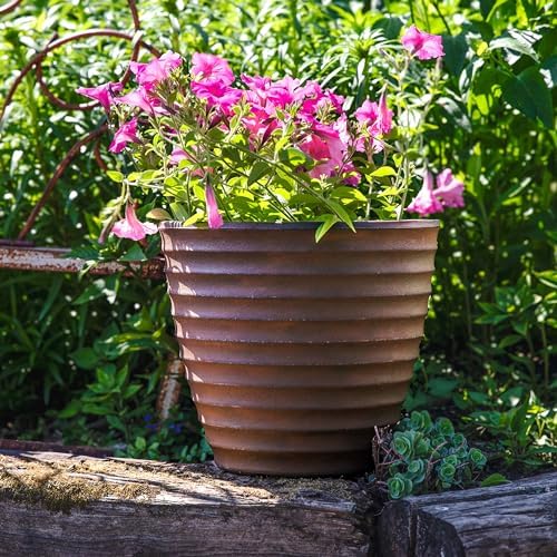 Sunnydaze Ribbed 13-Inch Double-Walled Outdoor Plant Pot - Rust - Image 3