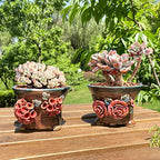 5.5 Inch Succulent Pot Handmade Flower Design Round Ceramic Antique Plant Pot Cactus Pot Planter with Drainge and Saucer Set of 2 (Two Hydrangea and Rose) - Image 3