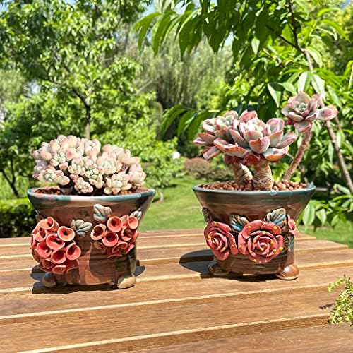 5.5 Inch Succulent Pot Handmade Flower Design Round Ceramic Antique Plant Pot Cactus Pot Planter with Drainge and Saucer Set of 2 (Two Hydrangea and Rose) - Image 3
