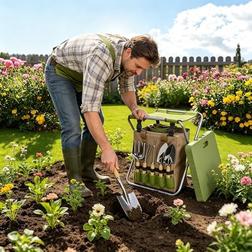 Gardening Tool Set with Folding Stool and Storage Tote Bag - Image 6