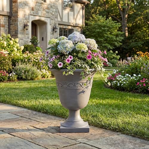 Christopher Knight Home Sical Round Concrete Planter, Garden Flower Pot with Drainage Hole, MGO Patio Urn Planter for Outdoor Plants, Outdoor Planter Box, No Assembly, Light Gray by ChristopherKnightHome