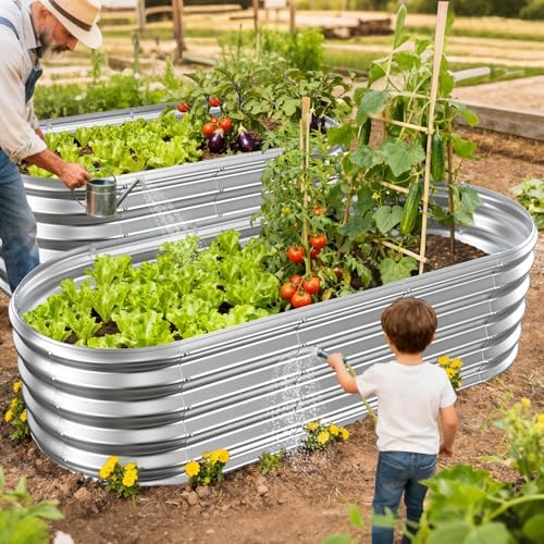 17" Tall Oval-Shaped / Elliptic Metal Raised Garden Bed Outdoor Silver - Image 6