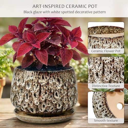 10.3 Inch Ceramic Planter with Saucer,Modern Garden Pots with Drainage Hole Mesh Net, for Indoor Outdoor Use (Speckle White) - Image 3