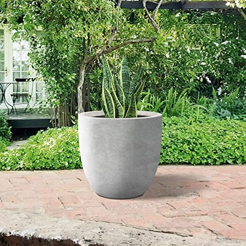 Round Concrete/Fiberglass Indoor & Outdoor Lightweight Decorative Plant Pots with Drainage Hole, Single Planter, 13.3" L, Natural Concrete - Image 3