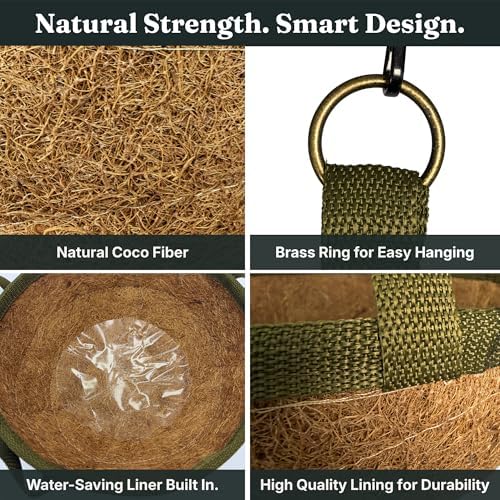 15 Inch Handmade Coco Fiber Hanging Basket 2 Pack - Hanging Planter for Outdoor Plants - Natural Boho Rustic Coconut Coir Oversize Decorative Flower Pot Holder for Porch Patio Balcony Garden - Image 5