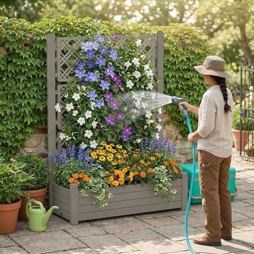 Elevated Raised Garden Bed with Trellis,Resin Planter Boxes Outdoor for Backyard Balcony,Large Patio Planter Box for Herbs Flowers Vegetables(Grey) - Image 3