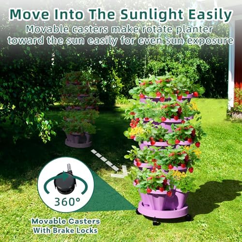 Strawberry Vertical Planter GardenTower, 5 Tiered Stackable Planter with Support Pole, Stacking Herb Vegetable Planters Indoor and Outdoor - Purple - Image 2