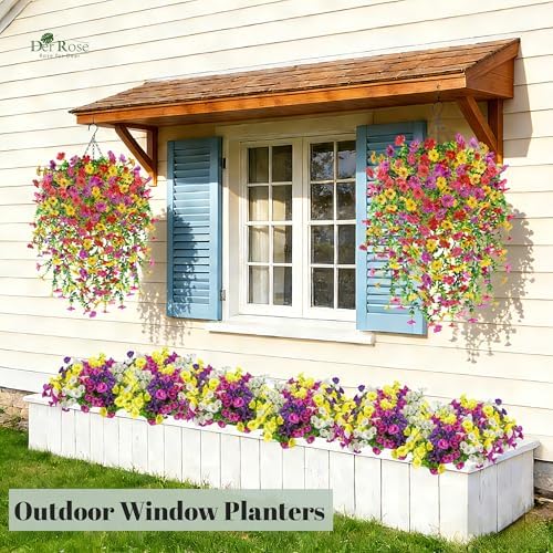 Der Rose 2Pcs Artificial Hanging Flower Basket for Outdoors Fake Hanging Flowers Plants with 4 Faux Silk Trailing Vines for Porch Patio Balcony Spring - Image 6
