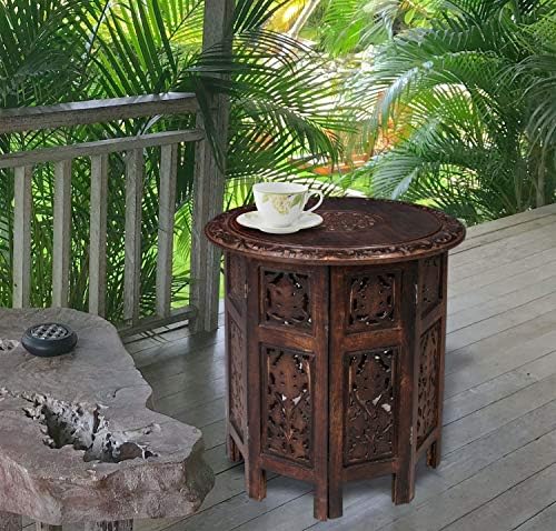 Carved Wood Round Side Table, White, 18x18 - Image 6