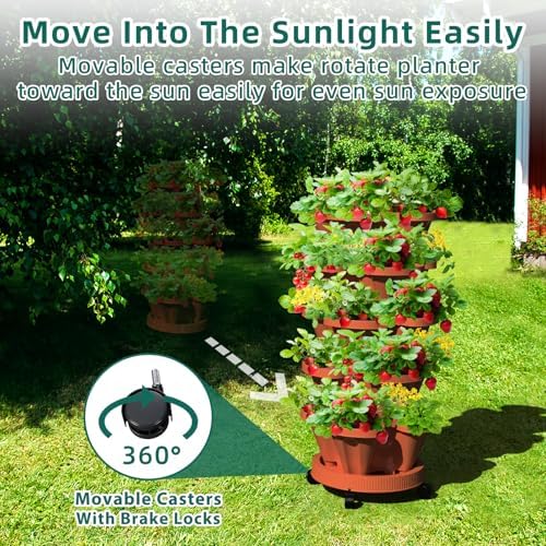 Strawberry Vertical Planter, 5 Tiered Stacking Garden Tower, Stackable Herb Vegetable Planters with Support Pole Indoor and Outdoor - Terra Cotta - Image 4