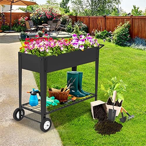 GARFANS Raised Garden Bed, Metal Raised Planter Box Outdoor with Legs, 2 Wheels and Shelf, Elevated Garden Bed Box for Vegetable Indoor Herb Flower Backyard Patio, 40" L x 16" W x 31.5" H - Image 2