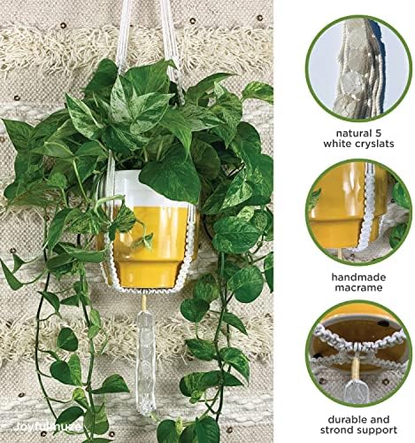 Joyfulmuze White Crystal Macrame Planters Indoor, Plant Hangers for Wall and Ceiling, 5 Natural Clear Quarts Stones, Bohemian Apartment Craft, Gift for Her, Bedroom Office and Home Decoration - Image 4